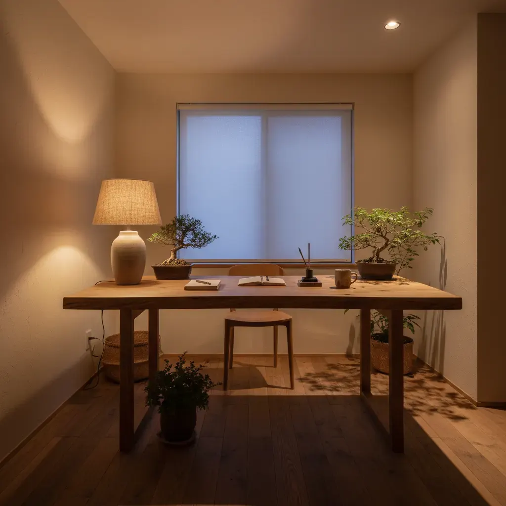 Wabi-Sabi Werkkamer - avondsfeer met verlichting
