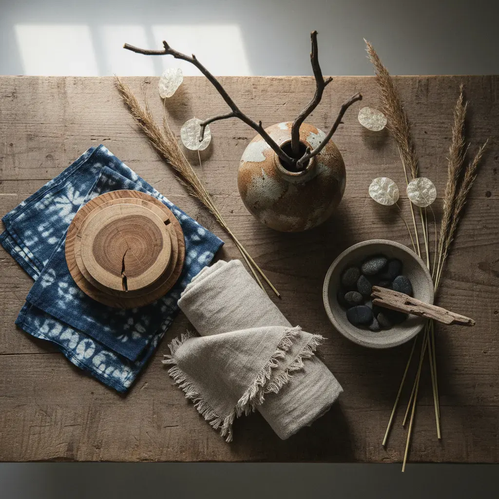 Wabi-Sabi Woonkamer - flatlay van decoratieve objecten