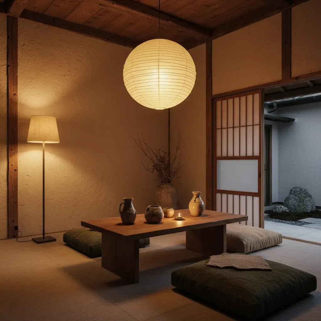 Wabi-Sabi Woonkamer - avondsfeer met verlichting